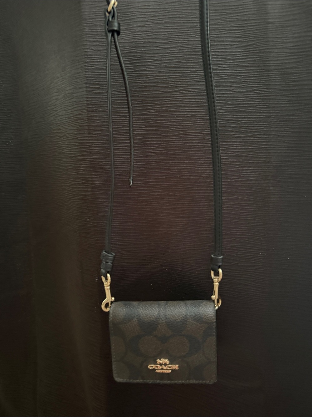 Coach Black Signature Mini Crossbody Card Case with Gold Hardware